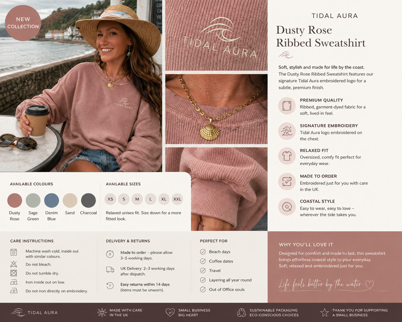 Tidal Aura Pink Embroidered Sweatshirt – Coastal Lifestyle Jumper