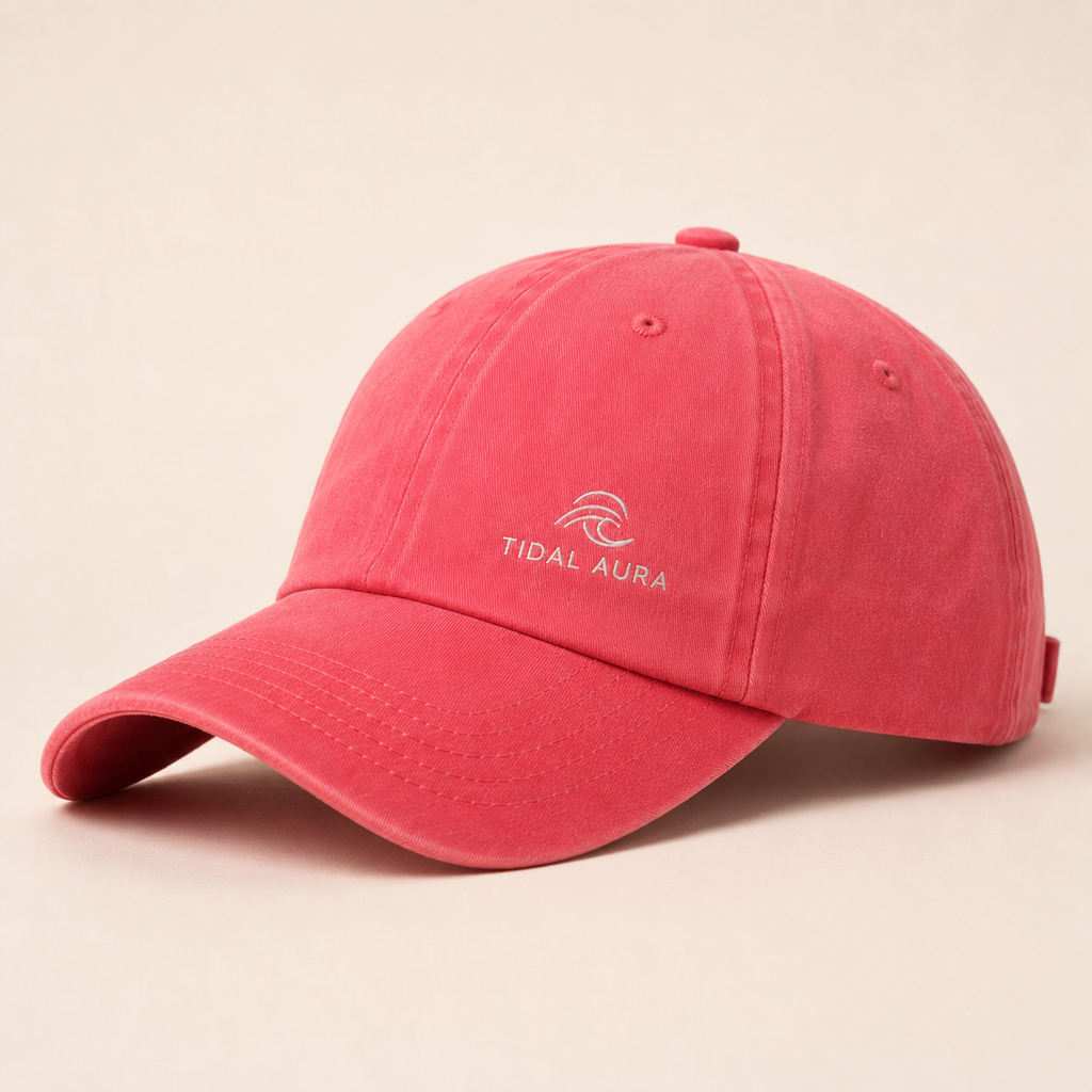 Tidal Aura Embroidered Coastal Cap – Red Washed Cotton Baseball Hat