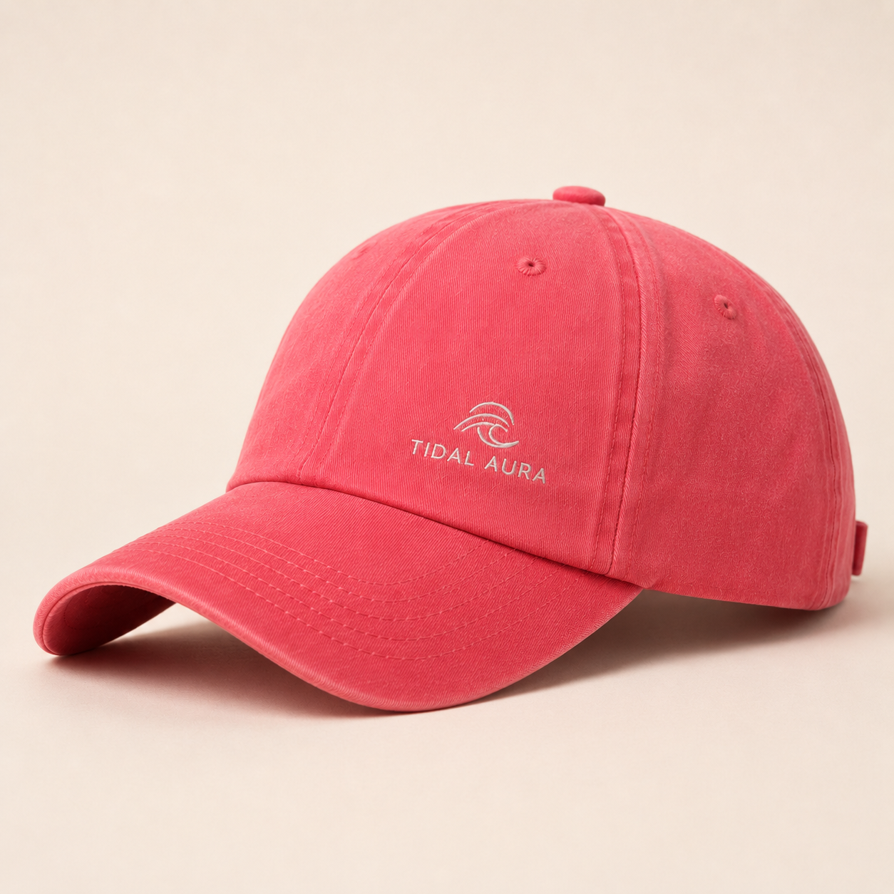 Tidal Aura Embroidered Coastal Cap – Red Washed Cotton Baseball Hat