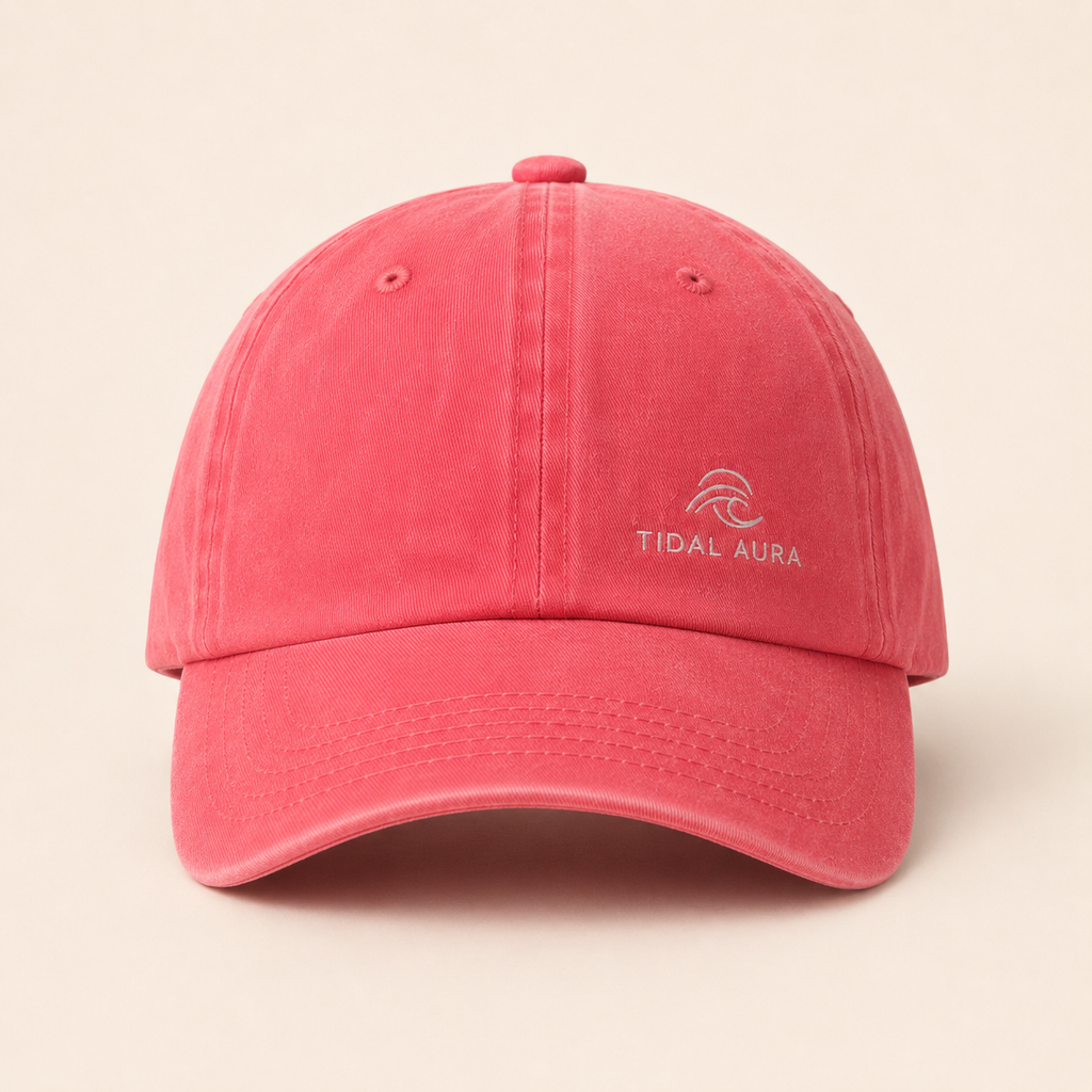 Tidal Aura Embroidered Coastal Cap – Red Washed Cotton Baseball Hat