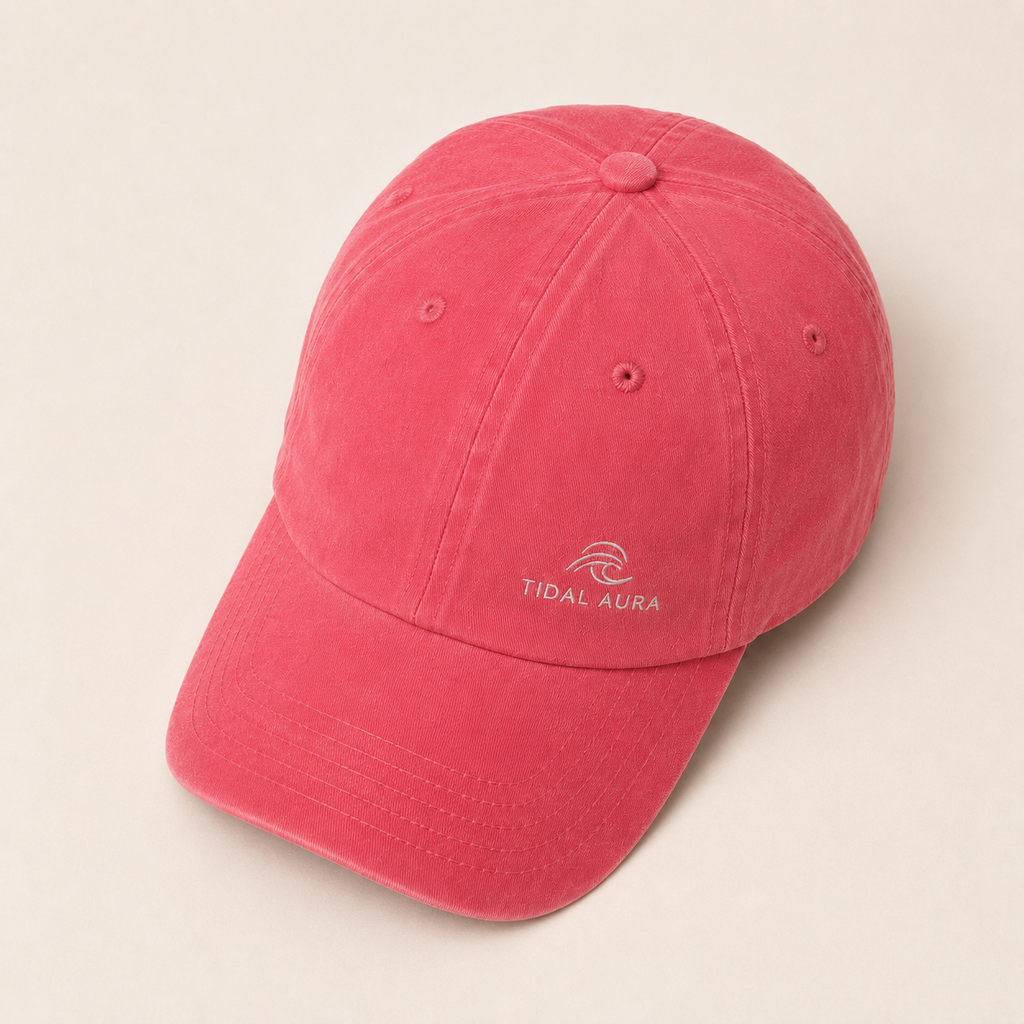 Tidal Aura Embroidered Coastal Cap – Red Washed Cotton Baseball Hat